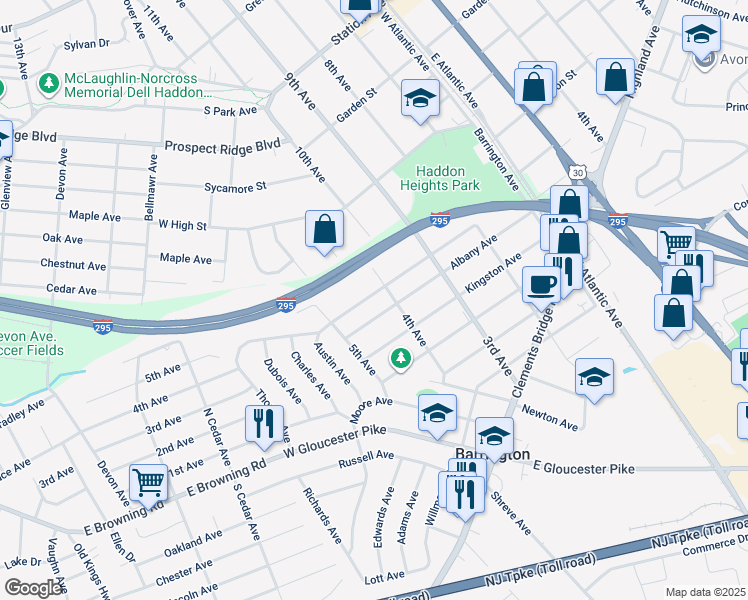 map of restaurants, bars, coffee shops, grocery stores, and more near 406 Austin Avenue in Barrington