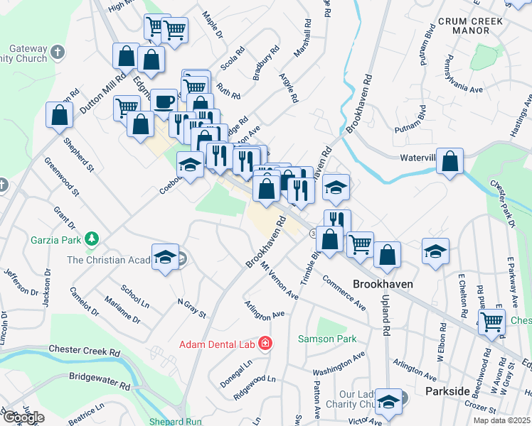 map of restaurants, bars, coffee shops, grocery stores, and more near 4220 Edgmont Avenue in Brookhaven