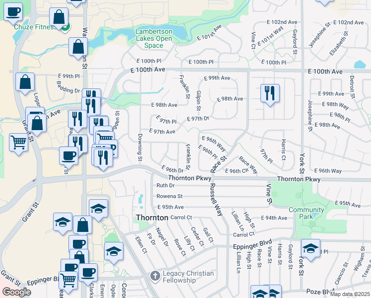 map of restaurants, bars, coffee shops, grocery stores, and more near 9696 Franklin Street in Thornton