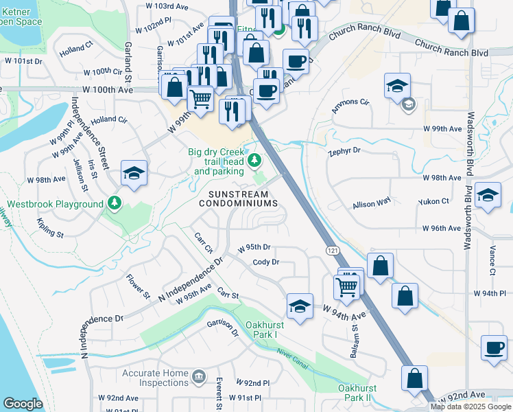 map of restaurants, bars, coffee shops, grocery stores, and more near 9669 Brentwood Way in Westminster