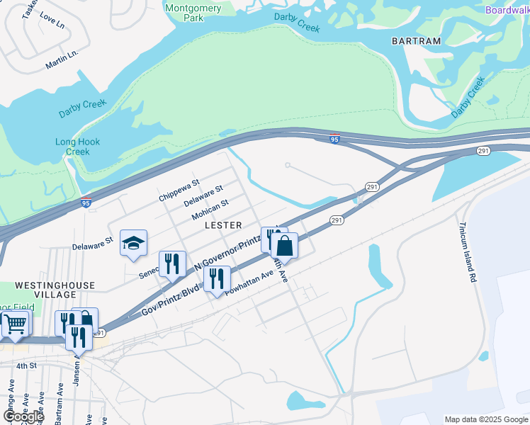 map of restaurants, bars, coffee shops, grocery stores, and more near 409 Pontiac Street in Tinicum Township