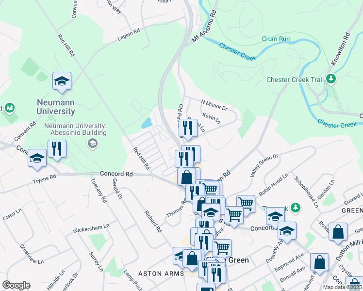 map of restaurants, bars, coffee shops, grocery stores, and more near 205 South Manor Drive in Media