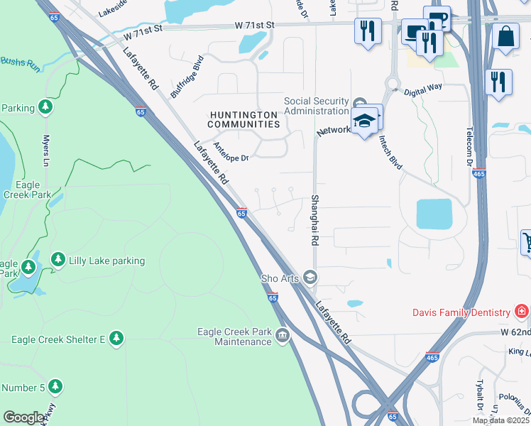 map of restaurants, bars, coffee shops, grocery stores, and more near 6810 Hunters Green Way in Indianapolis