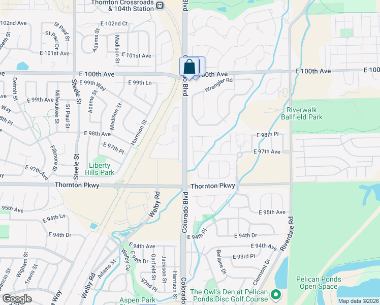 map of restaurants, bars, coffee shops, grocery stores, and more near 9745 Albion Lane in Thornton