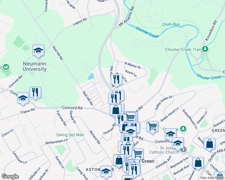 map of restaurants, bars, coffee shops, grocery stores, and more near 2 Old Pennell Road in Media