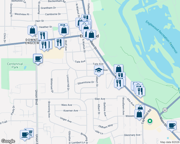 map of restaurants, bars, coffee shops, grocery stores, and more near 107 Wolf Avenue in Englewood