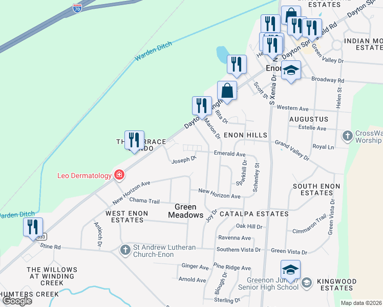 map of restaurants, bars, coffee shops, grocery stores, and more near 7040 Emerald Avenue in Enon