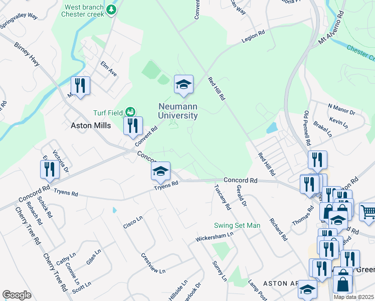 map of restaurants, bars, coffee shops, grocery stores, and more near 4020 Concord Rd in Aston