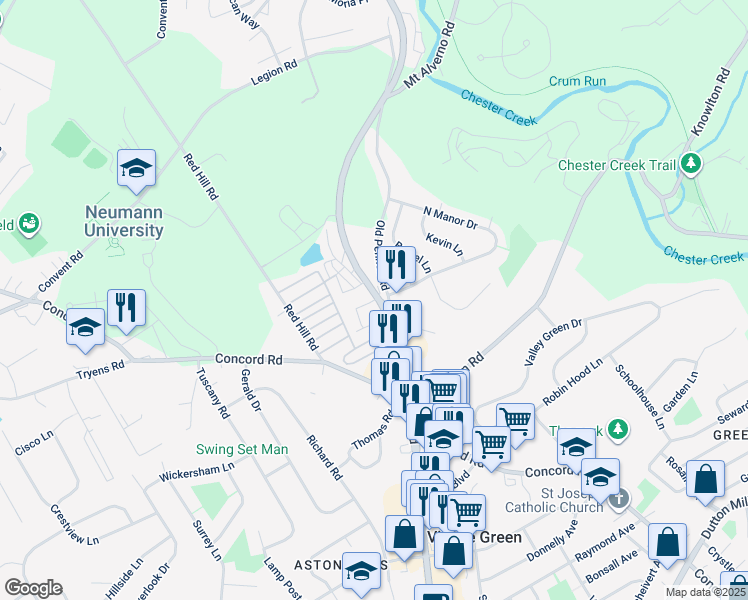 map of restaurants, bars, coffee shops, grocery stores, and more near 5211 Pennell Road in Media