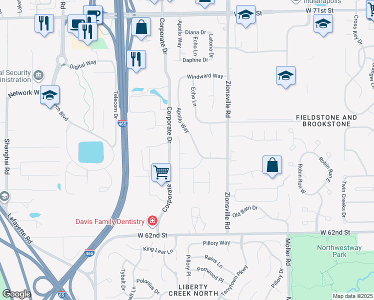 map of restaurants, bars, coffee shops, grocery stores, and more near 6439 Watercrest Way in Indianapolis