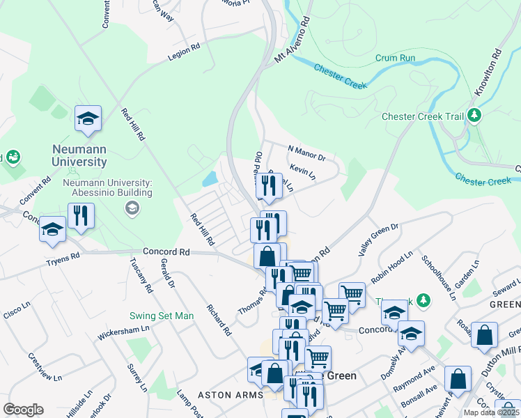 map of restaurants, bars, coffee shops, grocery stores, and more near 2 Old Pennell Road in Media