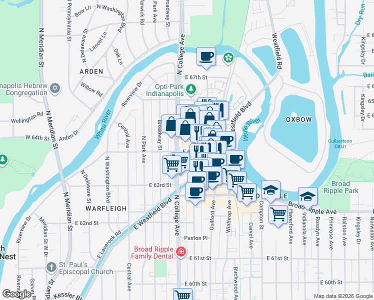 map of restaurants, bars, coffee shops, grocery stores, and more near 710 East 64th Street in Indianapolis