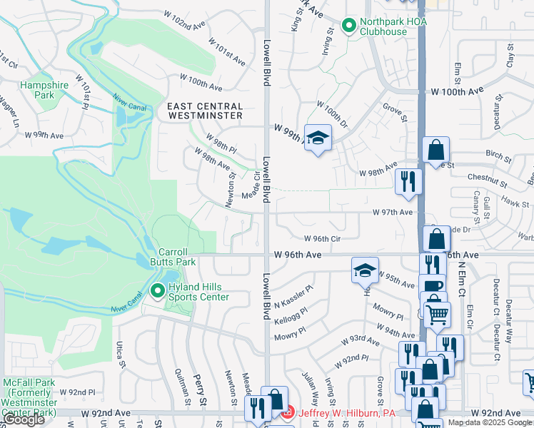 map of restaurants, bars, coffee shops, grocery stores, and more near 11951 Lowell Boulevard in Westminster