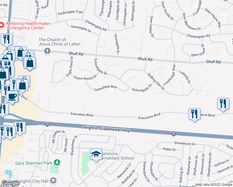 map of restaurants, bars, coffee shops, grocery stores, and more near 8264 Sun Prairie Court in Dayton