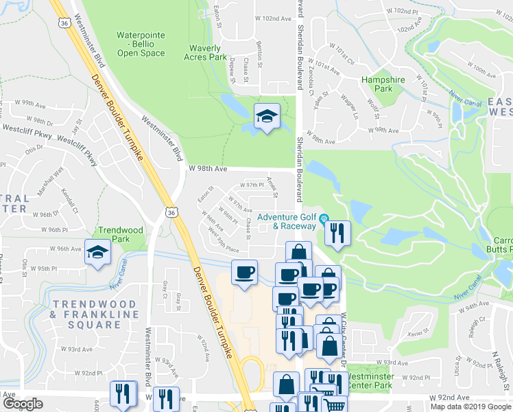map of restaurants, bars, coffee shops, grocery stores, and more near 5356 West 97th Court in Broomfield