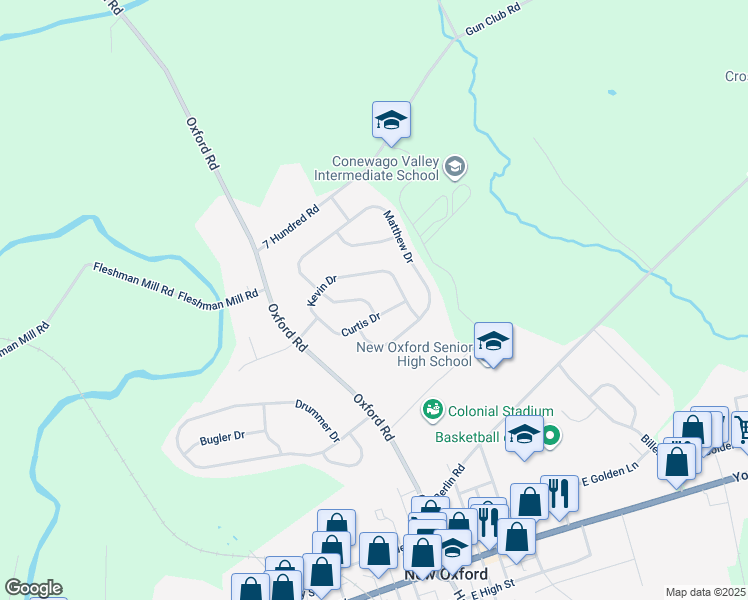 map of restaurants, bars, coffee shops, grocery stores, and more near 60 Kimberly Ann Lane in New Oxford