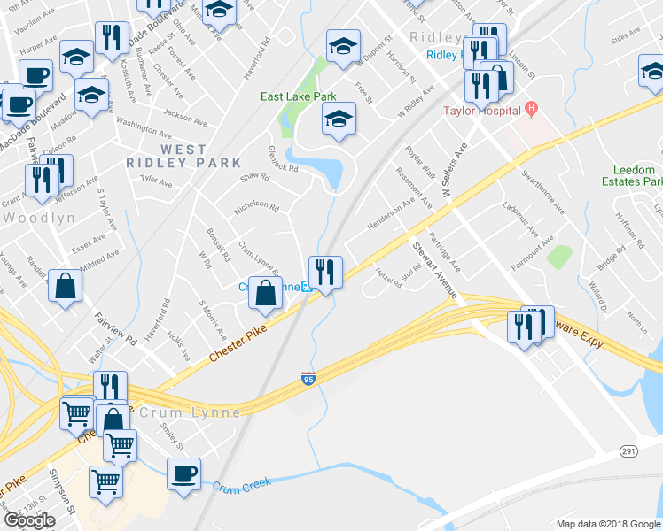 map of restaurants, bars, coffee shops, grocery stores, and more near 224 Birch Avenue in Ridley Park