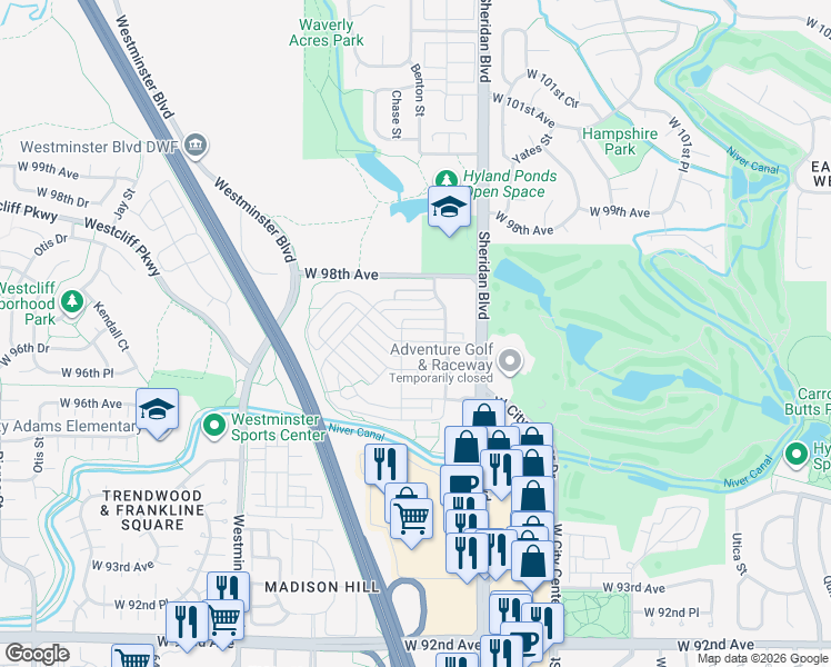 map of restaurants, bars, coffee shops, grocery stores, and more near 5356 West 97th Court in Broomfield