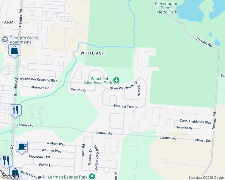 map of restaurants, bars, coffee shops, grocery stores, and more near 7177 Oliver Winchester Drive in Canal Winchester