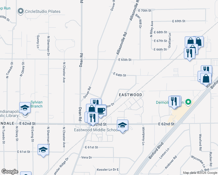 map of restaurants, bars, coffee shops, grocery stores, and more near 6333 Allisonville Road in Indianapolis