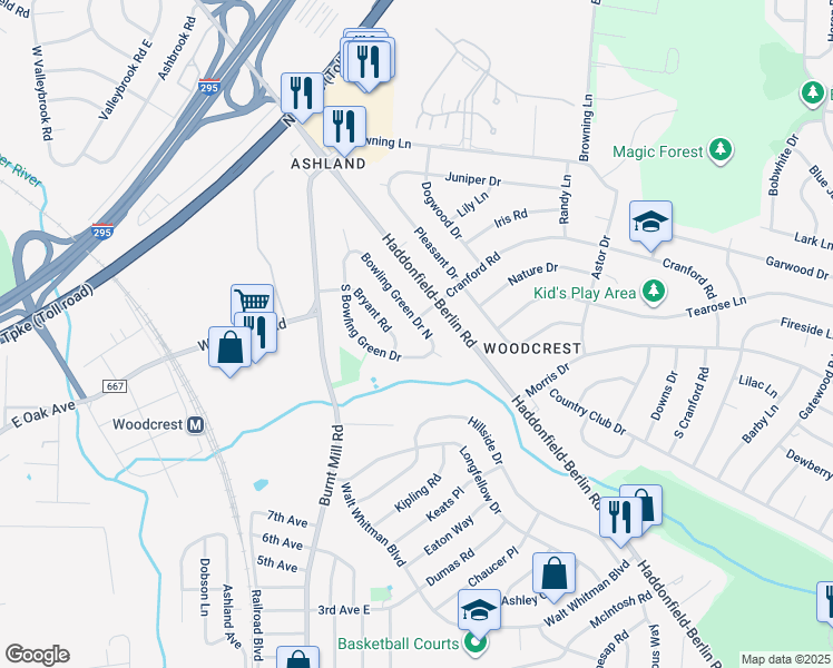 map of restaurants, bars, coffee shops, grocery stores, and more near 1603 North Bowling Green Drive in Cherry Hill