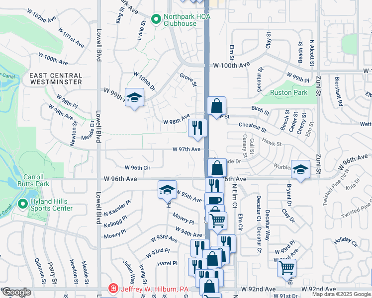map of restaurants, bars, coffee shops, grocery stores, and more near 3115 West 97th Avenue in Westminster