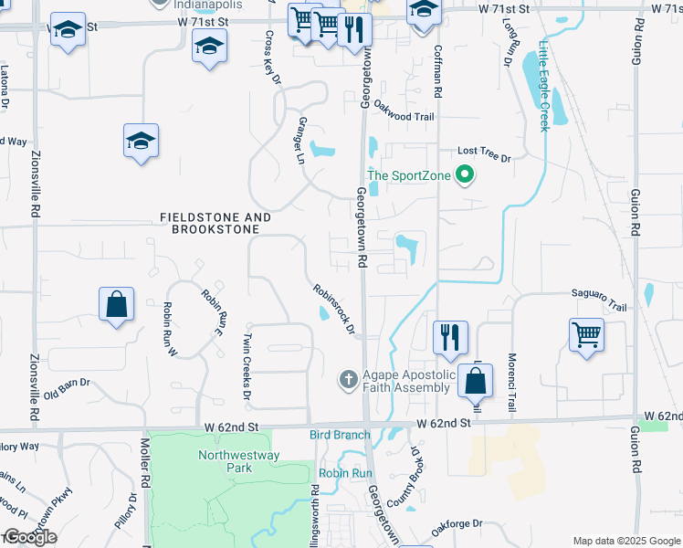 map of restaurants, bars, coffee shops, grocery stores, and more near 4965 Potomac Square Way in Indianapolis