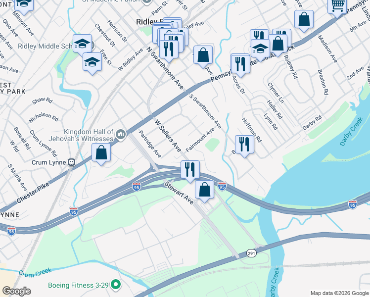 map of restaurants, bars, coffee shops, grocery stores, and more near 155 Fairmount Avenue in Ridley Park