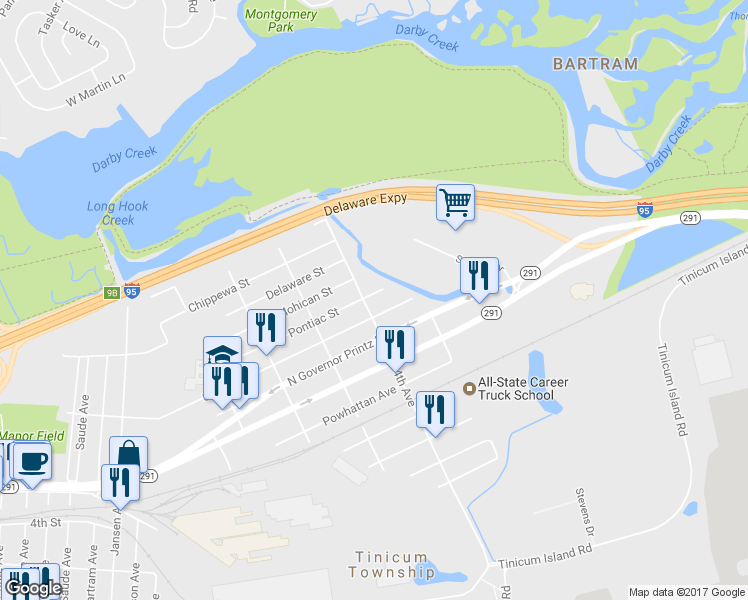 map of restaurants, bars, coffee shops, grocery stores, and more near 409 Pontiac Street in Tinicum Township