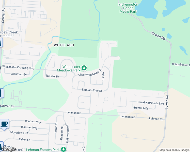 map of restaurants, bars, coffee shops, grocery stores, and more near 7281 Oliver Winchester Drive in Canal Winchester