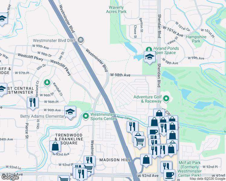 map of restaurants, bars, coffee shops, grocery stores, and more near 9711 Eaton Street in Westminster