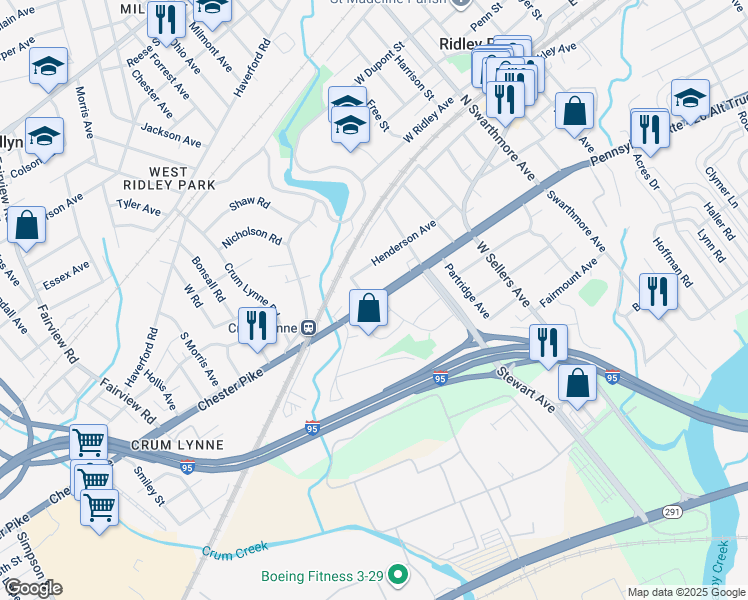 map of restaurants, bars, coffee shops, grocery stores, and more near 229 West Chester Pike in Ridley Park