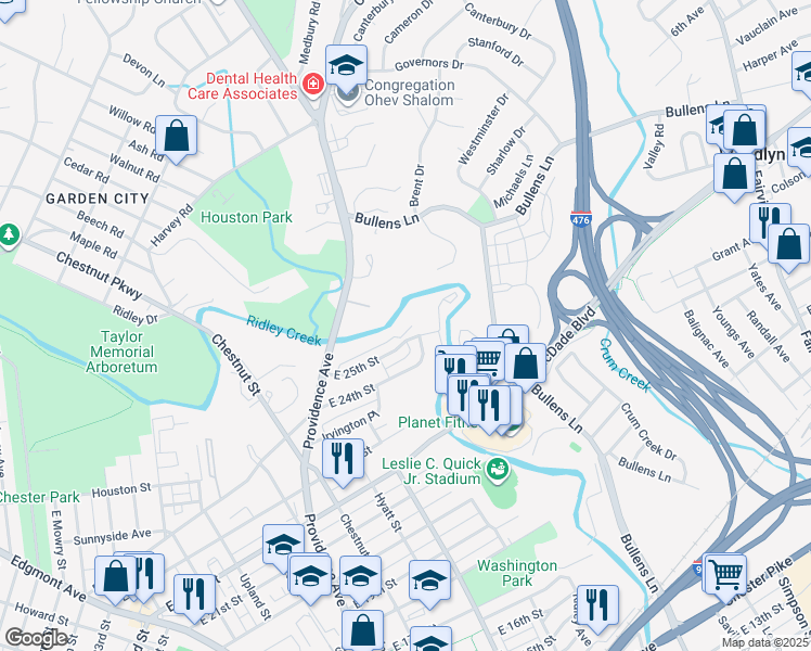 map of restaurants, bars, coffee shops, grocery stores, and more near 754 East 25th Street in Chester