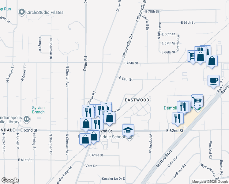 map of restaurants, bars, coffee shops, grocery stores, and more near 6333 Allisonville Road in Indianapolis