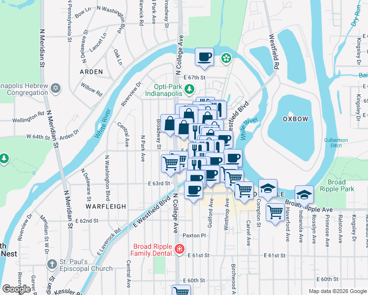 map of restaurants, bars, coffee shops, grocery stores, and more near 710 East 64th Street in Indianapolis