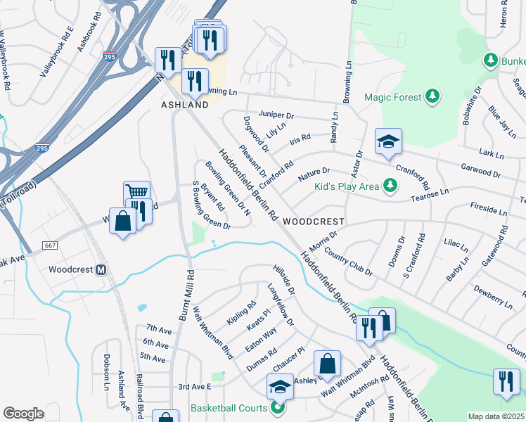 map of restaurants, bars, coffee shops, grocery stores, and more near 1607 Haddonfield-Berlin Road in Cherry Hill