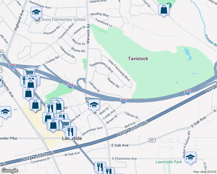 map of restaurants, bars, coffee shops, grocery stores, and more near 402 Quaker Court in Lawnside