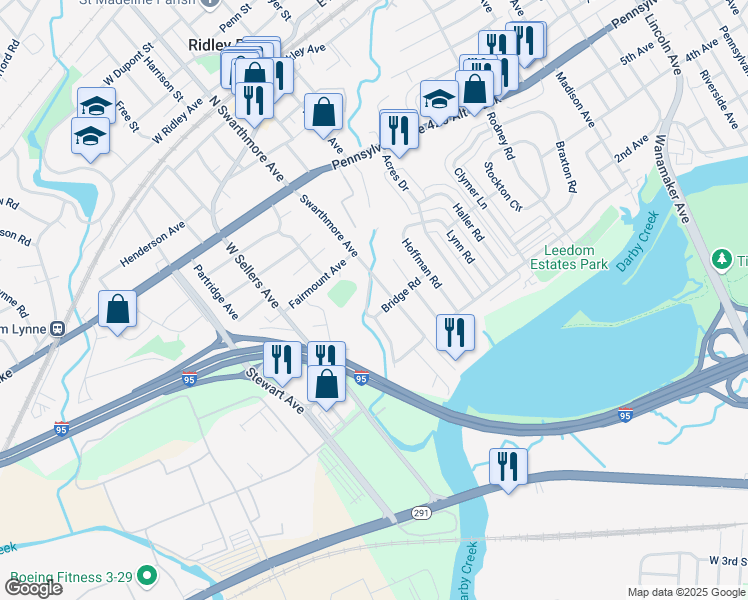 map of restaurants, bars, coffee shops, grocery stores, and more near 110 Stoneybrook Drive in Ridley Park