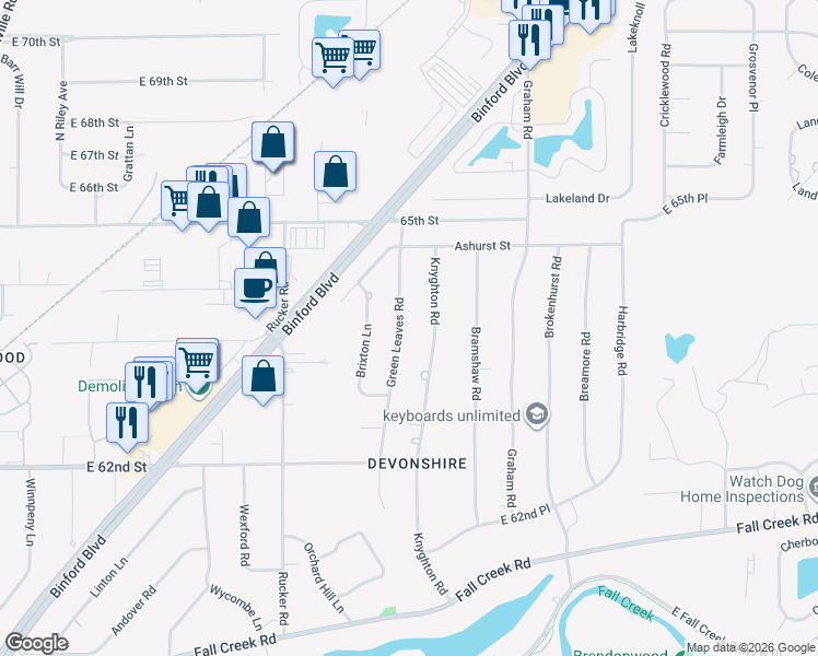 map of restaurants, bars, coffee shops, grocery stores, and more near 6357 Green Leaves Road in Indianapolis