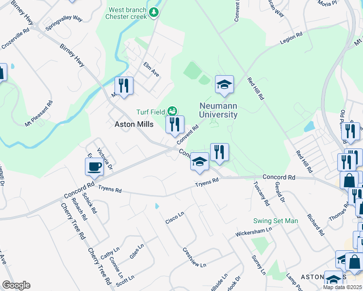 map of restaurants, bars, coffee shops, grocery stores, and more near 600 Convent Road in Aston