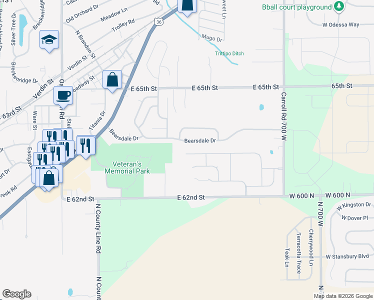 map of restaurants, bars, coffee shops, grocery stores, and more near 12338 Tea Cup Way in Indianapolis