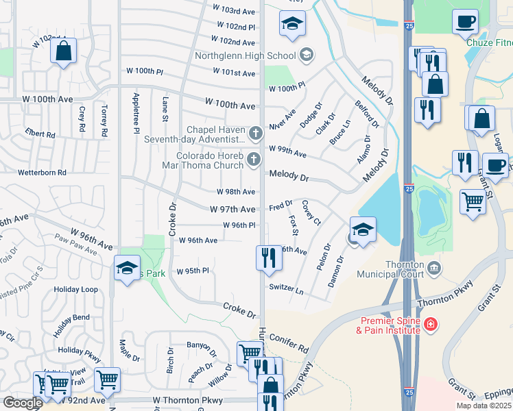 map of restaurants, bars, coffee shops, grocery stores, and more near 825 West 97th Avenue in Northglenn