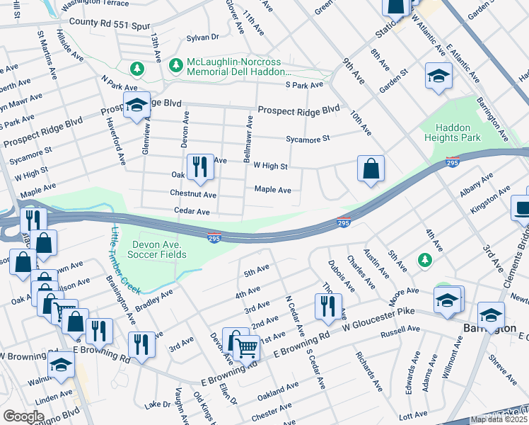 map of restaurants, bars, coffee shops, grocery stores, and more near 1336 Chestnut Ave in Haddon Heights