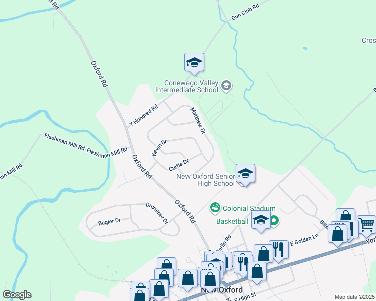 map of restaurants, bars, coffee shops, grocery stores, and more near 60 Kimberly Ann Lane in New Oxford