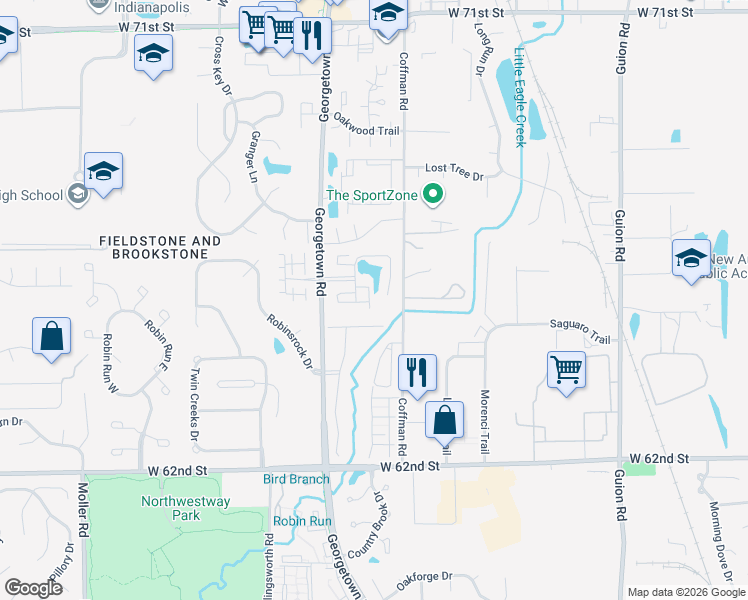 map of restaurants, bars, coffee shops, grocery stores, and more near 6418 Excalibur Court in Indianapolis