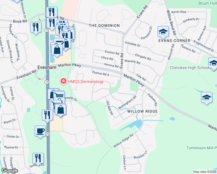 map of restaurants, bars, coffee shops, grocery stores, and more near 28 Abbotsford Drive in Evesham
