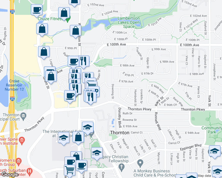 map of restaurants, bars, coffee shops, grocery stores, and more near 1195 East 96th Place in Thornton