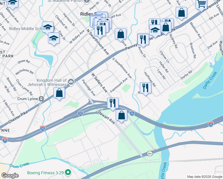 map of restaurants, bars, coffee shops, grocery stores, and more near 155 Fairmount Avenue in Ridley Park