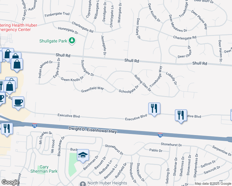 map of restaurants, bars, coffee shops, grocery stores, and more near 6374 Greenfield Way in Dayton