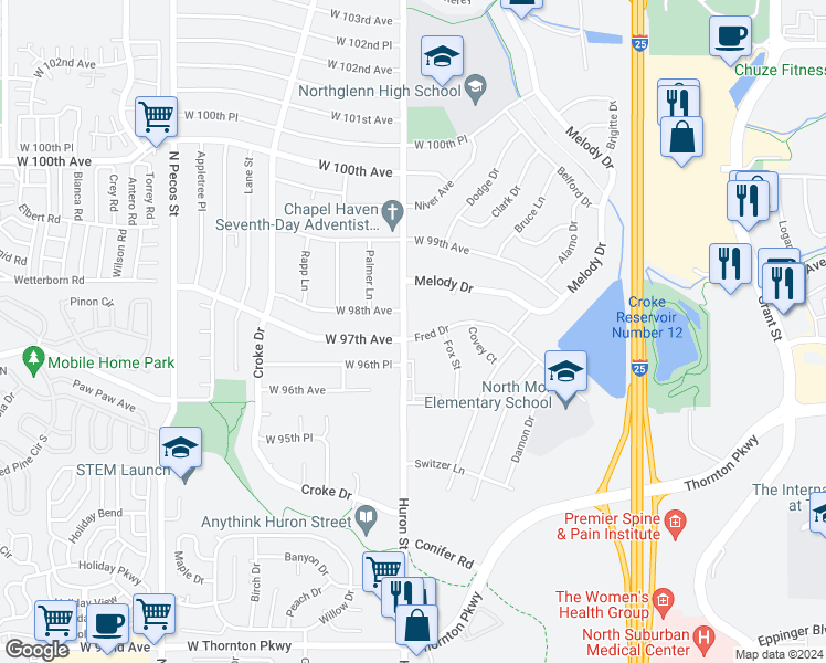 map of restaurants, bars, coffee shops, grocery stores, and more near 825 West 97th Avenue in Northglenn